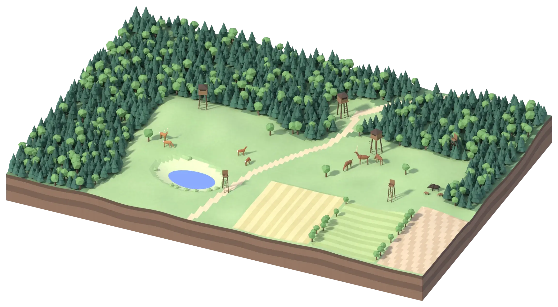 Ilustrační 3D model honitby s lesem, loukami, poli, rybníkem, loveckým chodníkem, šesti mysliveckými zařízeními a zvěří — jeleny, srnci, daňky a rodinkou divočáků